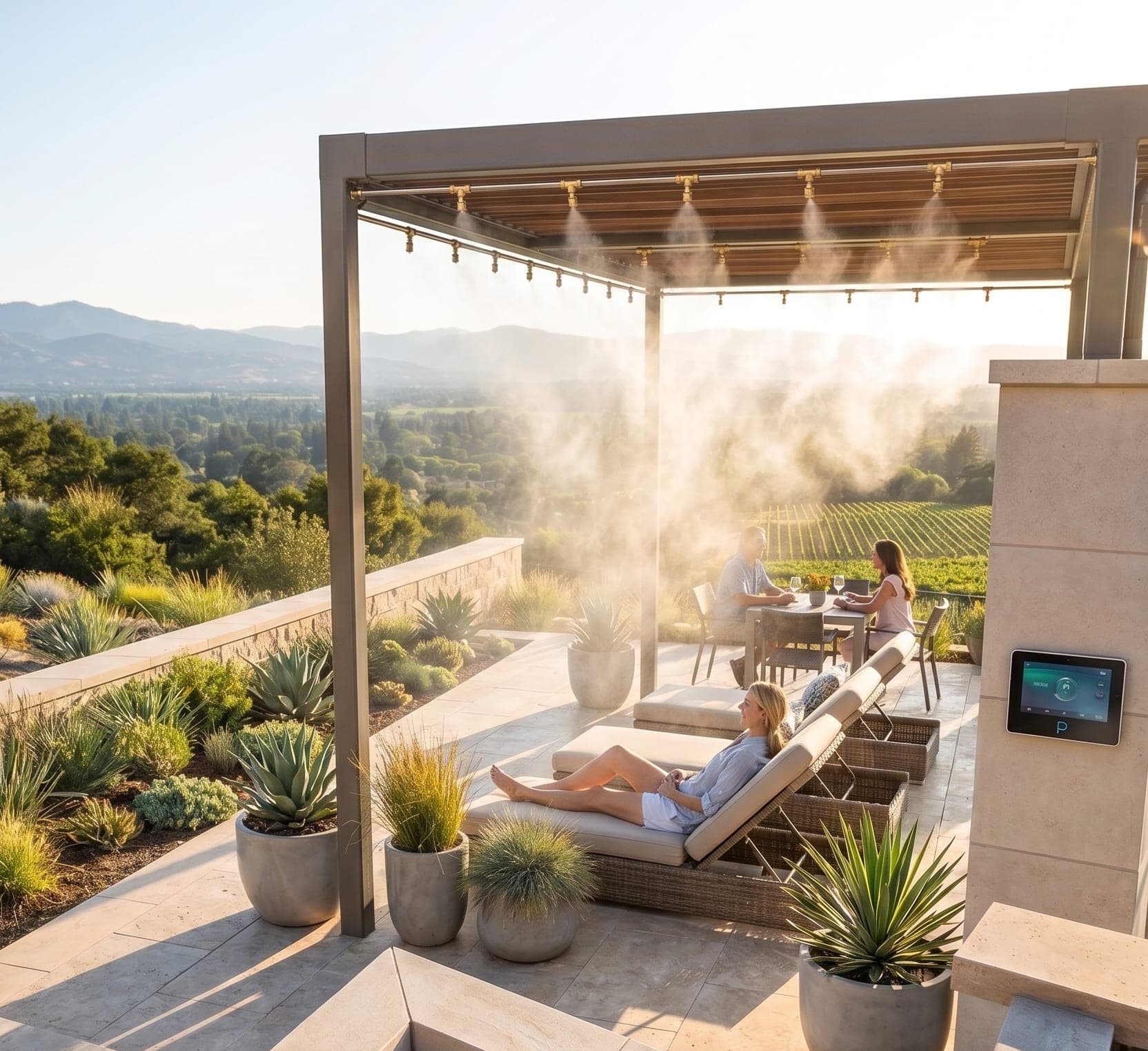 Outdoor misting system cooling a patio space